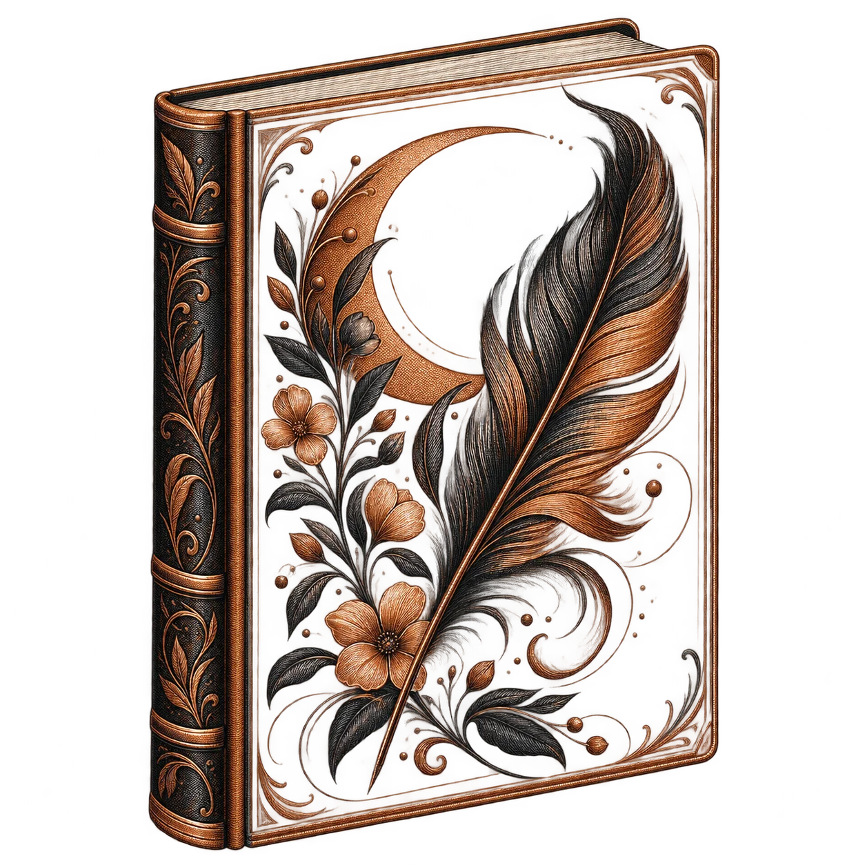 A bound book whose cover is illustrated with a quill, crescent moon and flowers