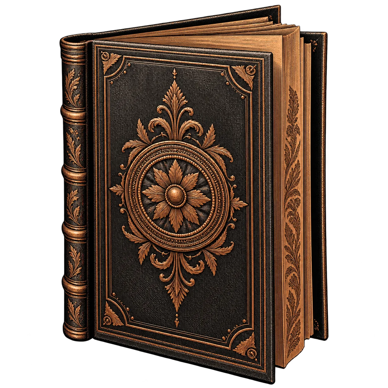A leather-bound book tooled with an ornate medallion and gilded borders