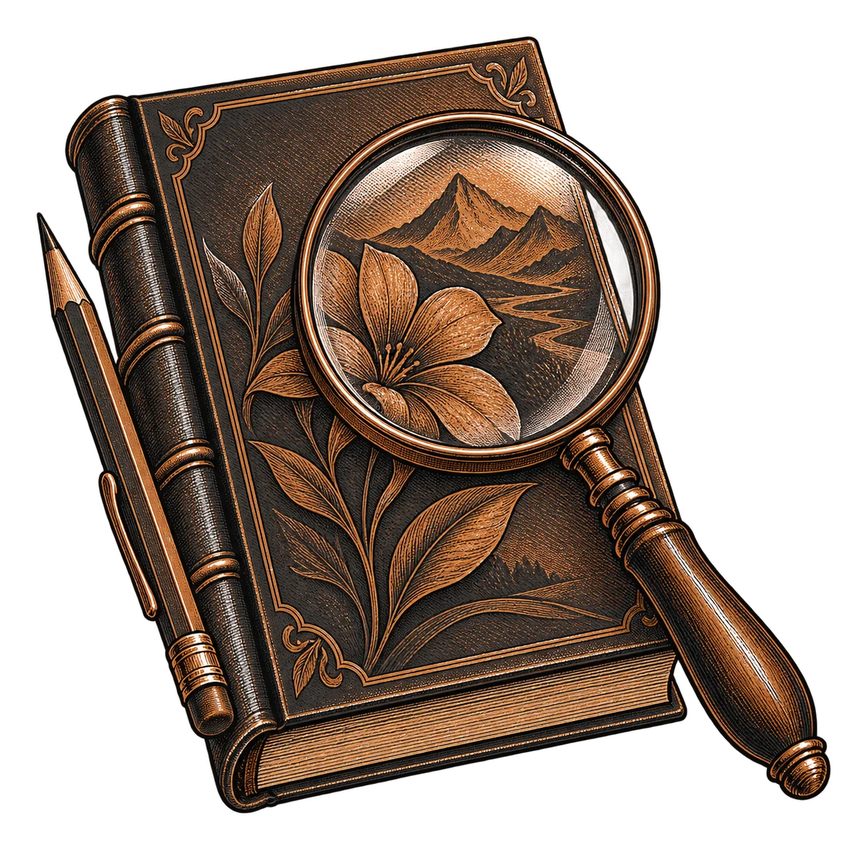 A magnifier held over the cover of a bound book, its artwork enlarged beneath