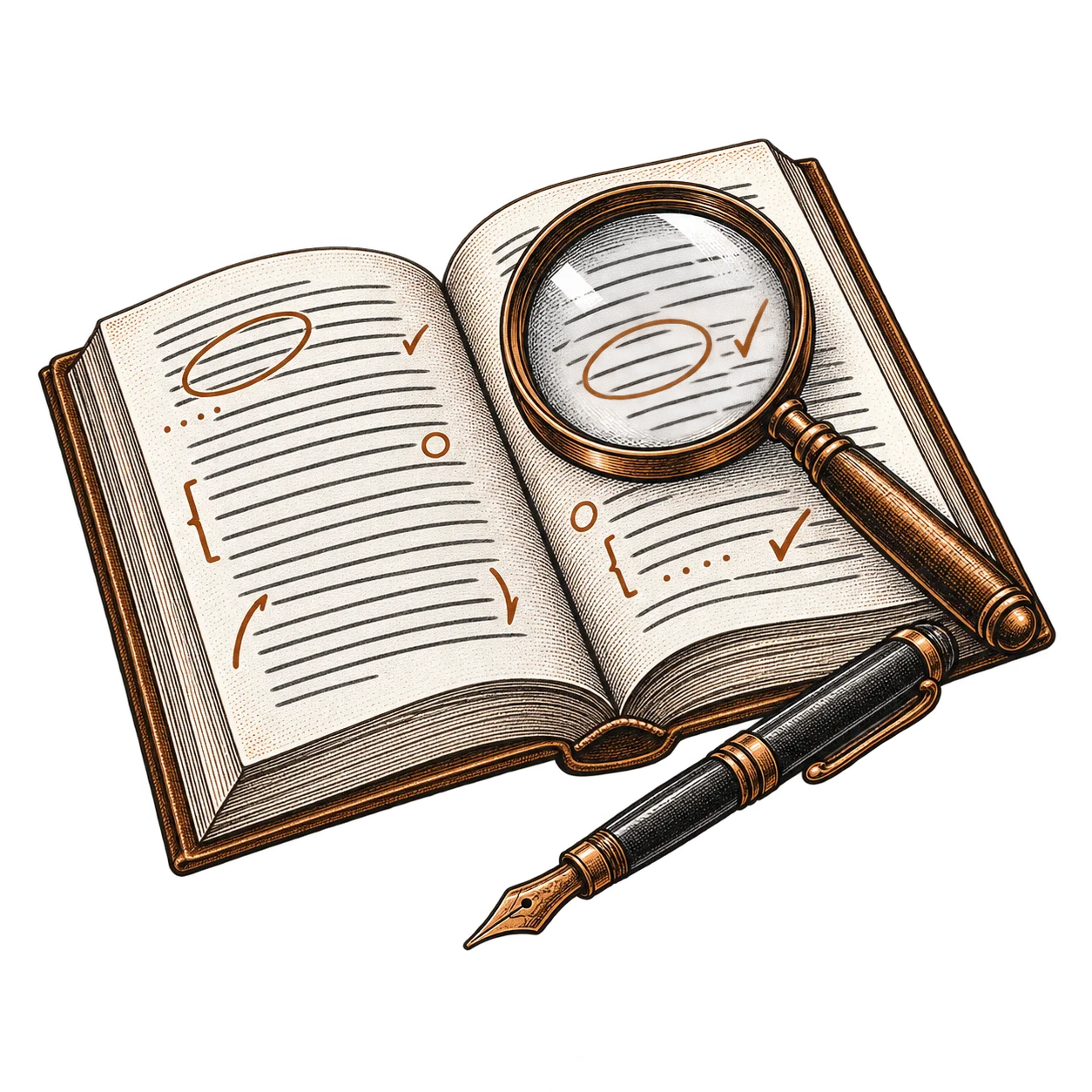 An open book read through a magnifier, its pages marked with queries and ticks