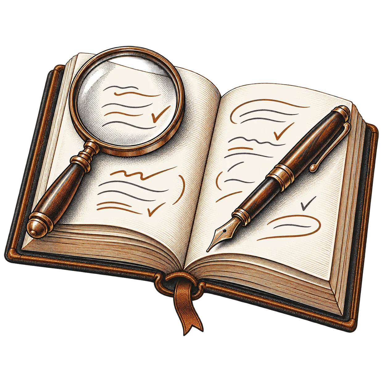 An open book with a magnifier and pen, its pages ticked and marked in the margins
