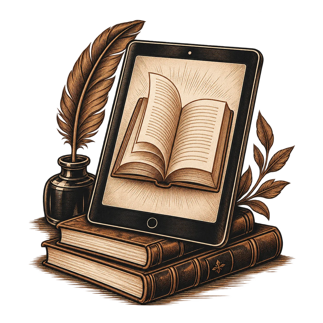 A tablet showing an open book, propped on printed volumes beside a quill and inkwell