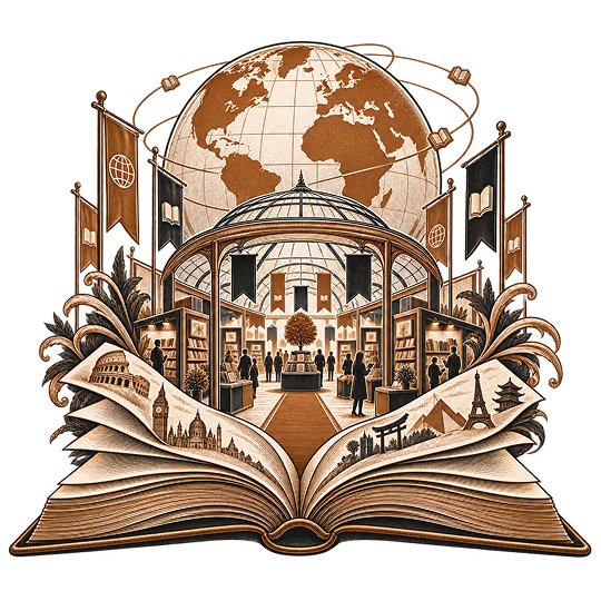 A domed exhibition hall of book stands and flags rising out of an open book, beneath a globe ringed with orbiting books