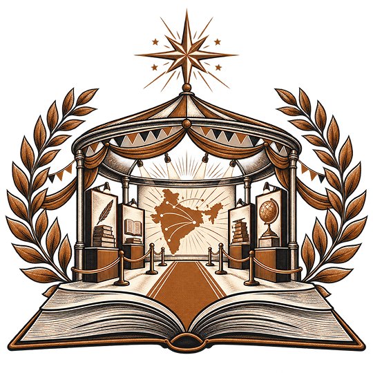 A bunting-hung pavilion standing on an open book, a carpeted aisle running between book displays towards a national map, framed by a laurel wreath and a star