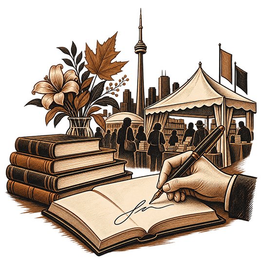 A hand signing an open book beside a stack of volumes, with festival marquees, browsing visitors and the Toronto skyline behind