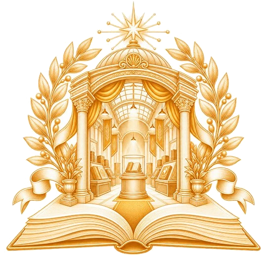 An arched hall of book stands seen through a columned pavilion on an open book, framed by laurel branches, a ribbon and a star