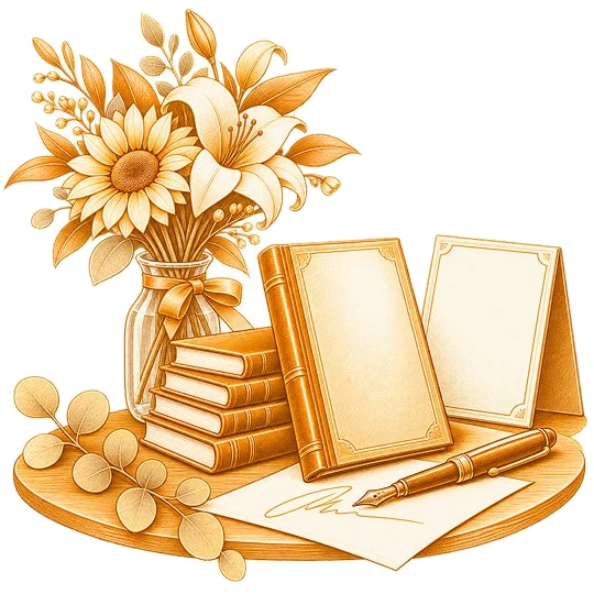 A signed sheet and fountain pen on a round table with a standing book and a blank card, beside stacked volumes and a vase of lilies and sunflowers