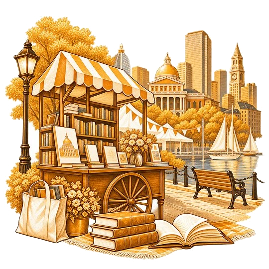 A festival book cart under a striped awning beside marquees along the water, the Boston skyline and State House dome behind, with a tote bag, stacked books and an open book in front