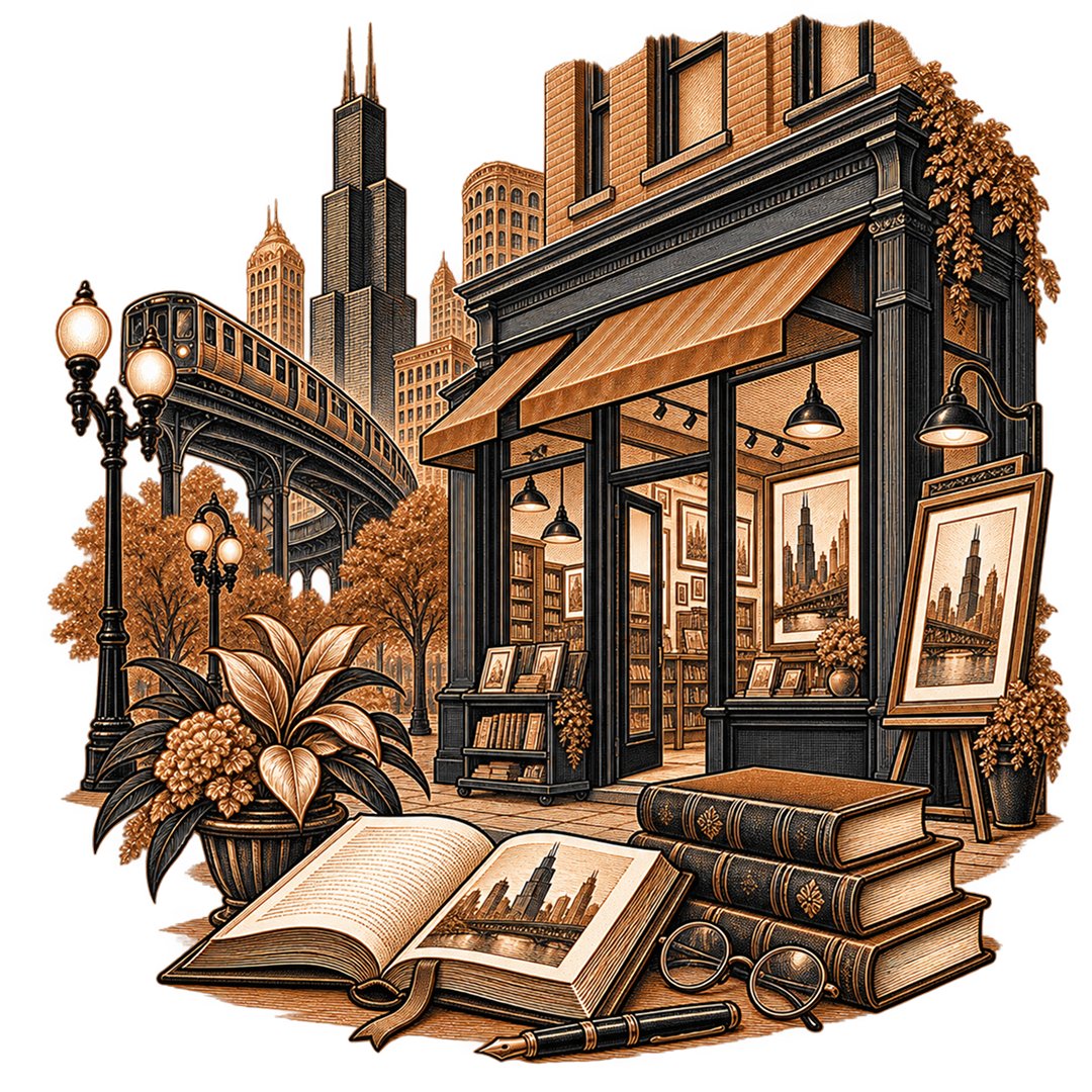 A bookshop front with a lit window of framed prints, a pavement cart of books and an easel, an elevated train and the Chicago skyline behind, with an open book, reading glasses and a fountain pen in front