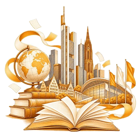 A globe and a stack of books before the Frankfurt skyline and exhibition halls, with an open book below and loose pages lifting on a ribbon