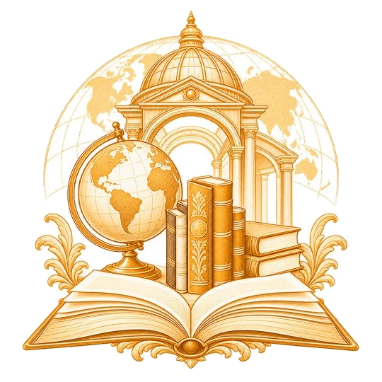 A colonnaded rotunda of book displays standing on an open book, with a globe and a domed hall drawn behind it