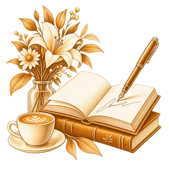 A signed open book resting on a bound volume, with a fountain pen, a cup of coffee and a vase of lilies beside it