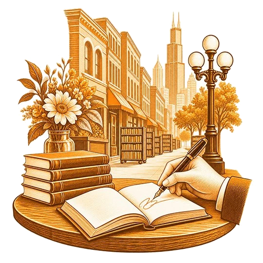 A hand signing an open book on a round table beside stacked volumes and a vase of flowers, with a street of brick shopfronts, book carts and the Chicago skyline behind