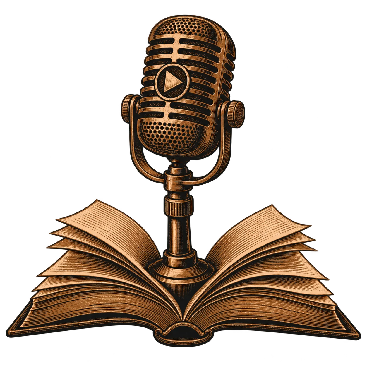 A studio microphone with a play symbol on it, standing in an open book
