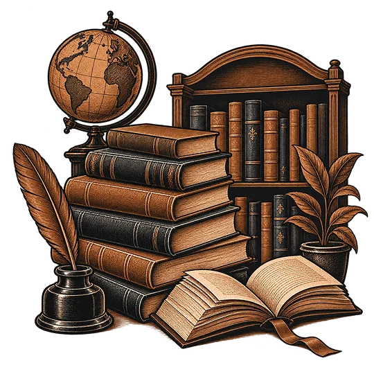 A catalogue of stacked books drawn with a globe and a counter bell