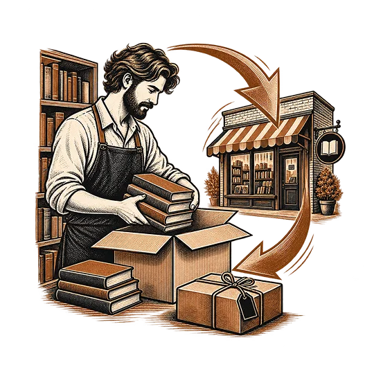 A bookseller drawn packing returns into boxes beside a shop front