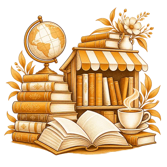 A catalogue of stacked books drawn with a globe and an open volume