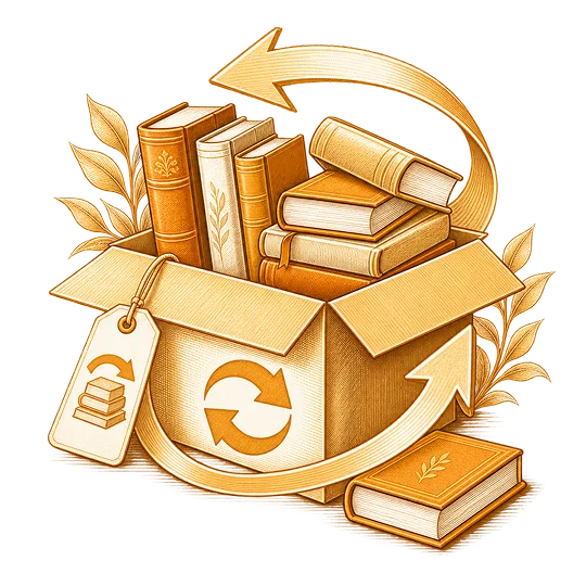 Books drawn being packed into a carton marked with a returns arrow