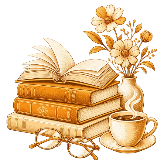 A stack of books drawn with an open volume, reading glasses and a cup