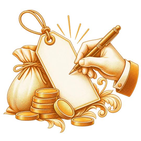 A price tag drawn with a hand writing the figure beside a coin purse