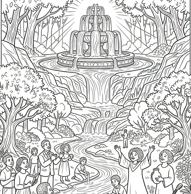 Outline interior page of a tiered fountain in a wooded park, light streaming through the trees as people gather at the water below