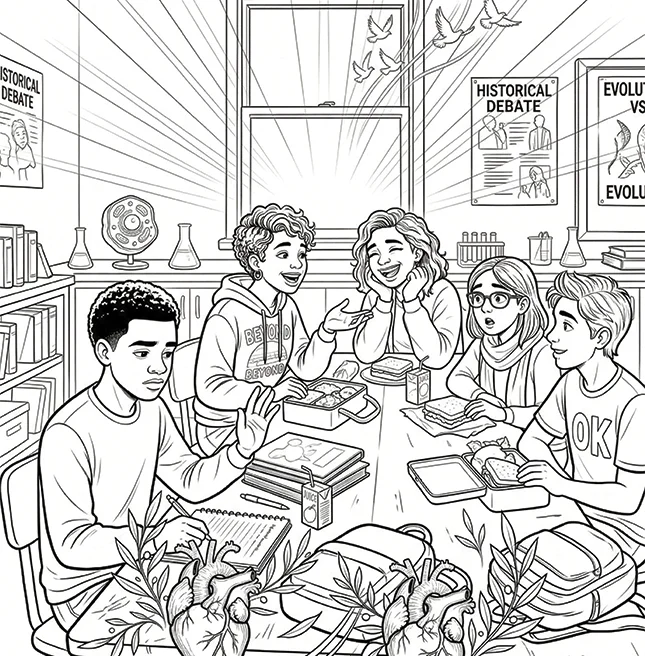 Outline interior page of teenagers talking around a classroom table over their lunches, debate posters pinned on the wall behind