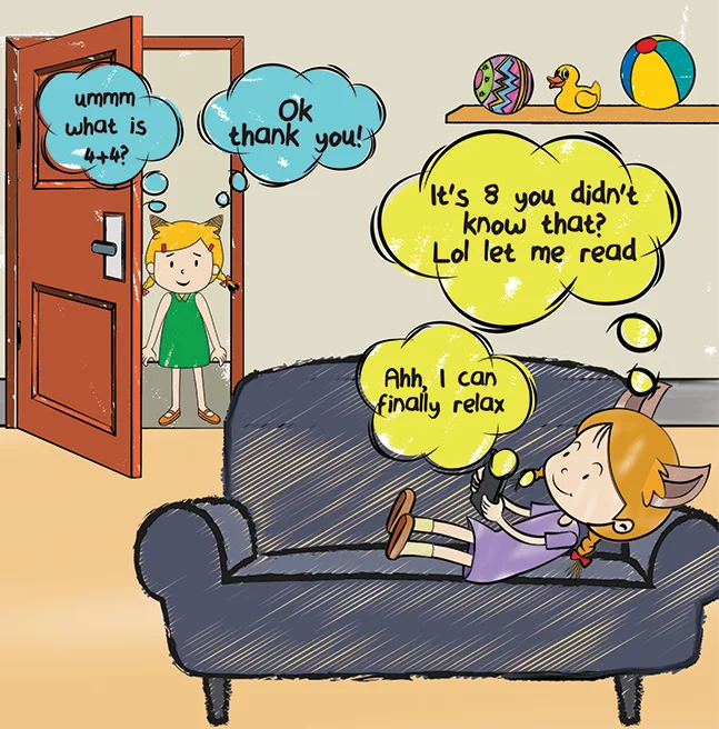 Cartoon scene of a girl lying on a sofa answering her sister's sum through the open doorway