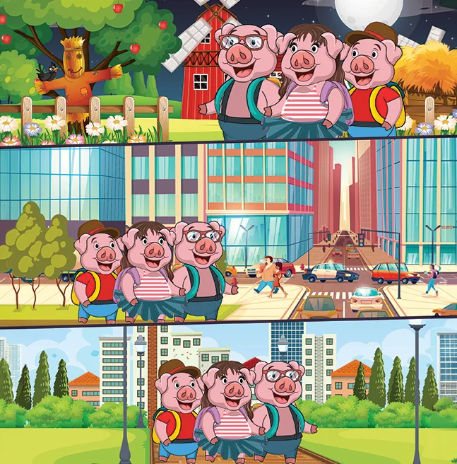 Three-panel cartoon strip of the same three pigs walking from a farm past a busy city street and on to a park