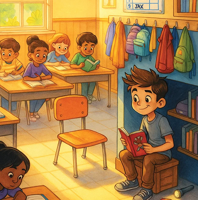 Digitally painted classroom scene of a boy reading alone on a crate by the coat pegs while his classmates work at their desks