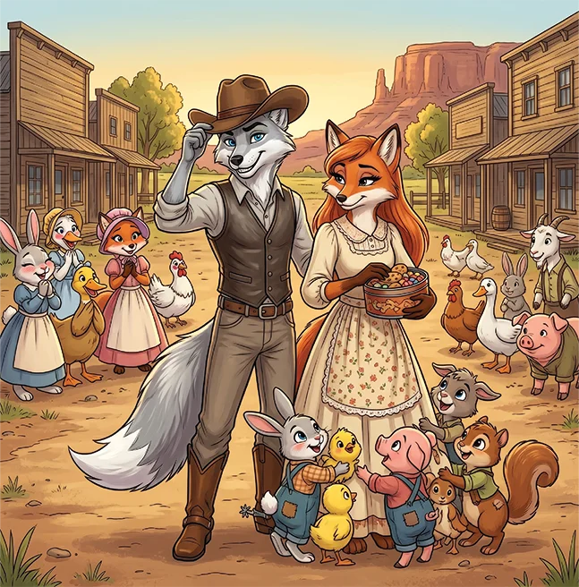 Digitally painted cover of a wolf and a fox in frontier dress walking a dusty main street, farm animals lining the way