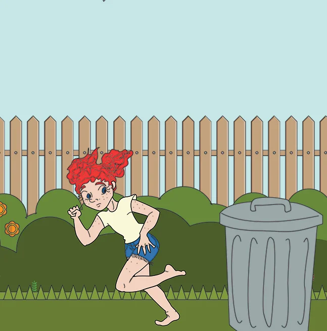 Outline illustration of a red-haired girl running barefoot past a dustbin in a garden with a picket fence behind her
