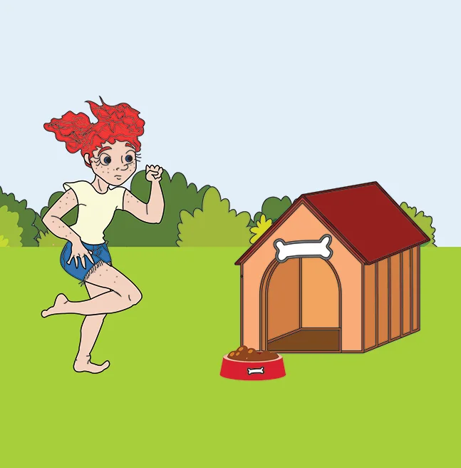 Outline illustration of the same girl running past an empty kennel and a full food bowl on the lawn