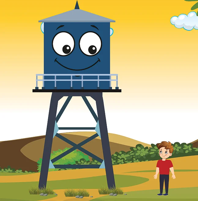 Flat vector scene of the smiling water tower character on the hill with a small boy standing beside it