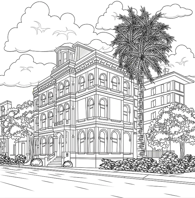 Interior line drawing of an Italianate corner building with arched windows, a tall palm tree beside it
