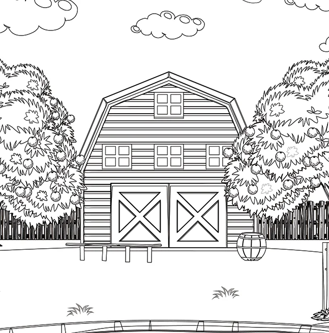 Interior line drawing of a barn with its doors closed, apple trees on either side and a barrel by the wall