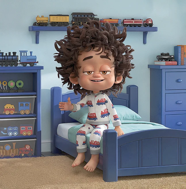 3D rendered boy with curly hair in train-print pyjamas sitting on the edge of a blue bed, model locomotives on the shelf behind him