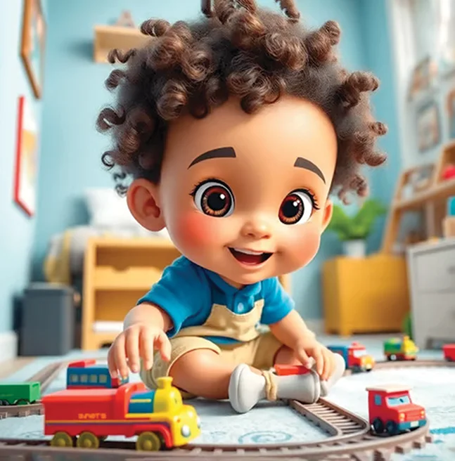 3D rendered toddler with curly hair kneeling on a playroom rug, pushing a wooden train along its track