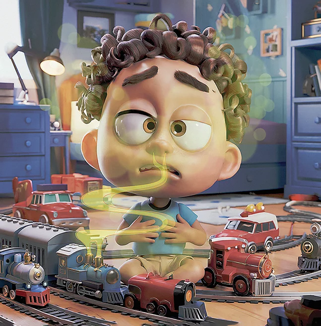3D rendered boy sitting glumly inside a loop of wooden train track in a dim bedroom, engines circling around him