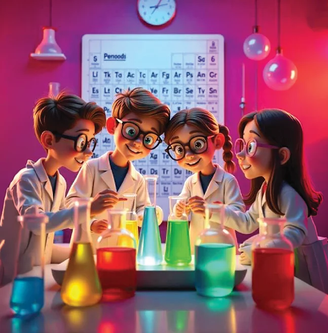 3D rendered scene of four children in lab coats and glasses leaning over a bench of glowing flasks, a periodic table on the wall behind
