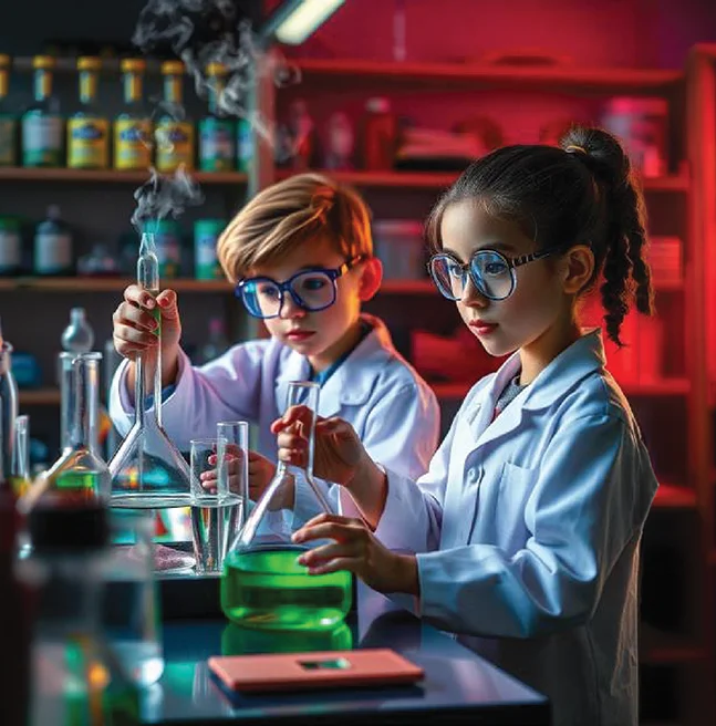3D rendered scene of two children in lab coats and safety glasses lifting a smoking flask in a red-lit laboratory