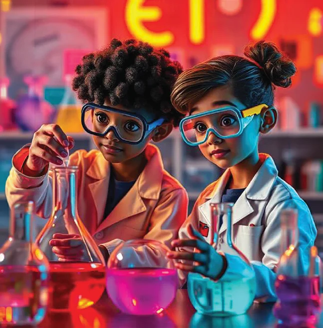 3D rendered cover scene of two children in goggles and lab coats over glowing pink and blue flasks, neon signage behind them