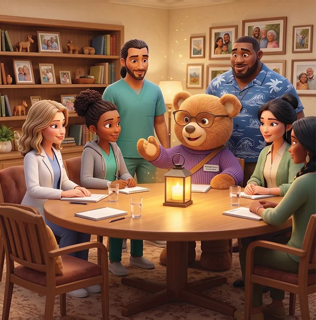 3D rendered scene of a teddy bear in glasses with a satchel and lantern speaking to adults seated around a round table
