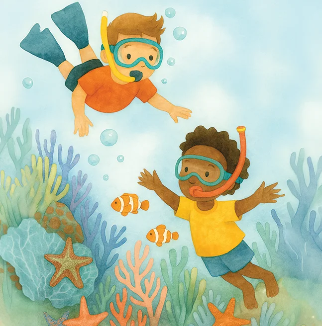 Watercolor underwater spread of two snorkelling children swimming over a coral reef with clownfish and starfish