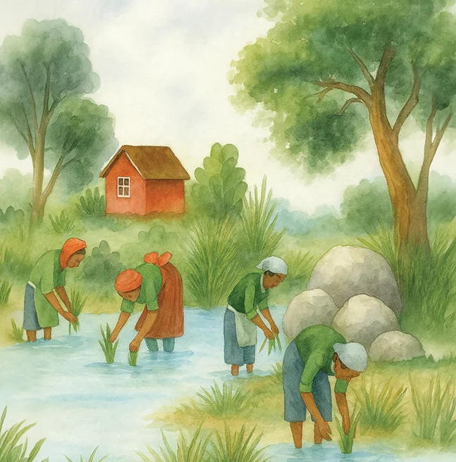 Watercolor scene of villagers planting seedlings in a flooded paddy field beside a red cottage and tall trees