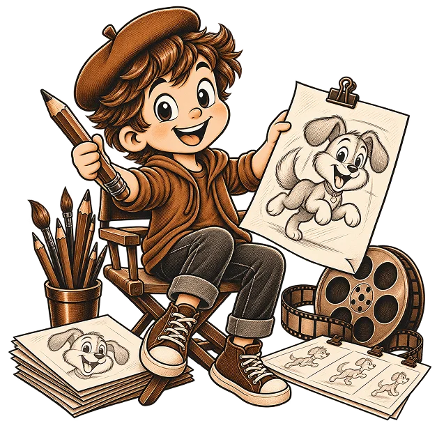 A young illustrator holding up a finished cartoon dog drawing, with sketches at their feet