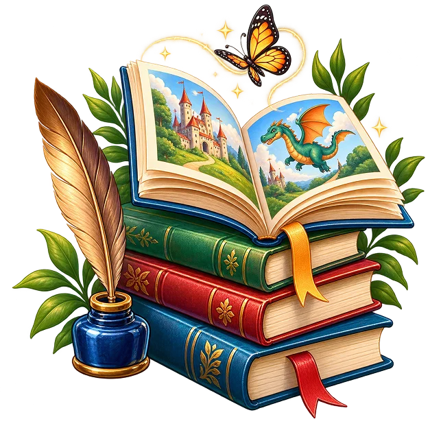 A colour storybook open at a castle and dragon spread, on a stack of bound volumes