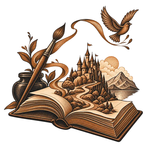 A castle and winding path rising from an open book, with a paintbrush and inkwell
