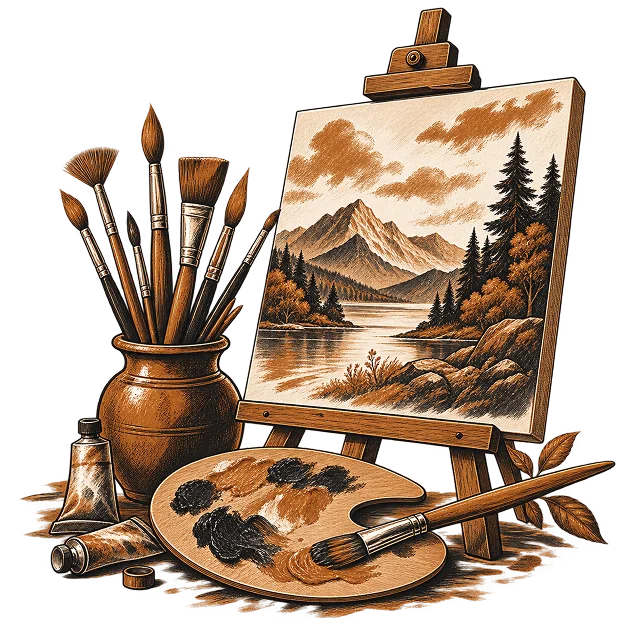 A painted landscape on an easel beside a palette, brushes and paint tubes
