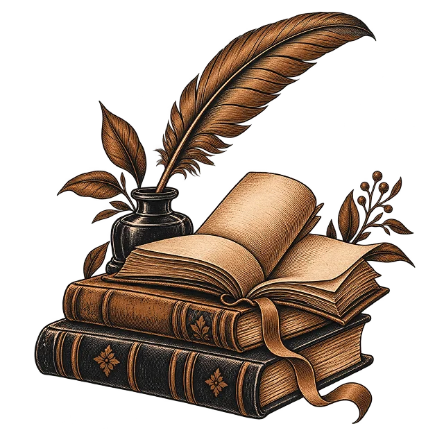 An open storybook on a bound volume, with a quill standing in an inkwell