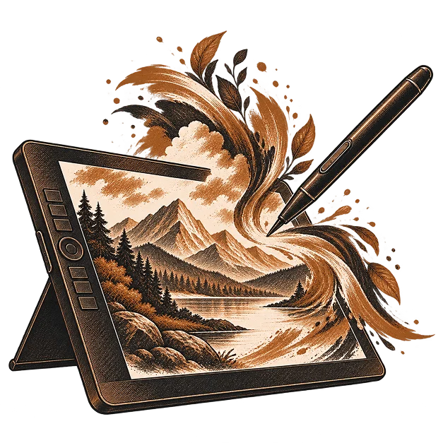A landscape being painted on a drawing tablet, the brushwork sweeping off the screen
